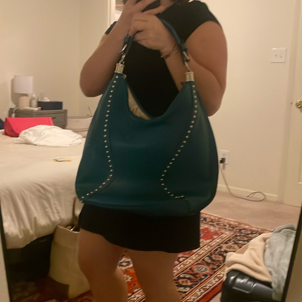 Teal shoulder bag with studs